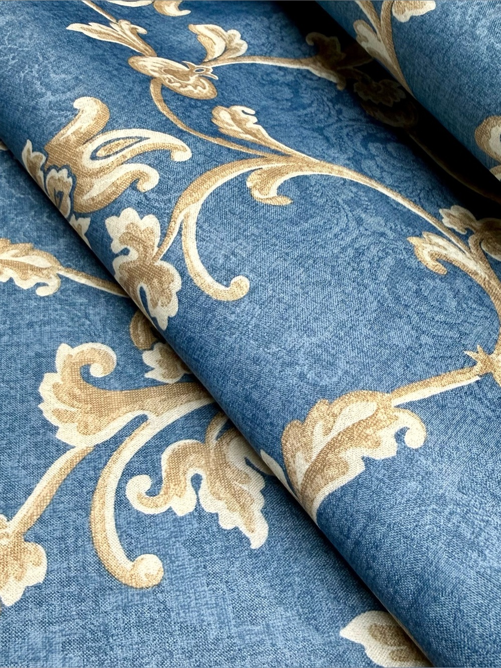 Vintage Transprint USA Fabric 1 Yard Country Blue and Tan Floral Scroll Print